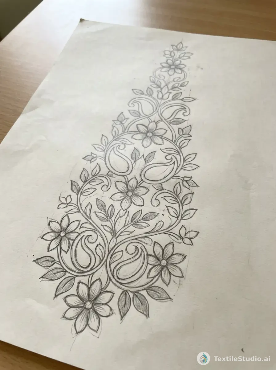 Emerald Kurta with Floral Pearl Jari Dori Embroidery — The original sketch
