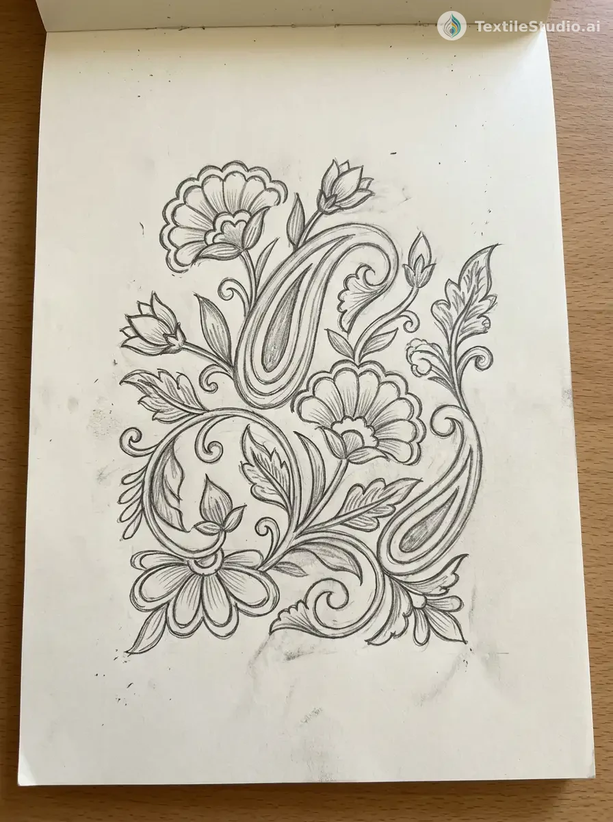 Crimson Velvet Gown with Jari Dori and Pearl Embroidery — The original sketch
