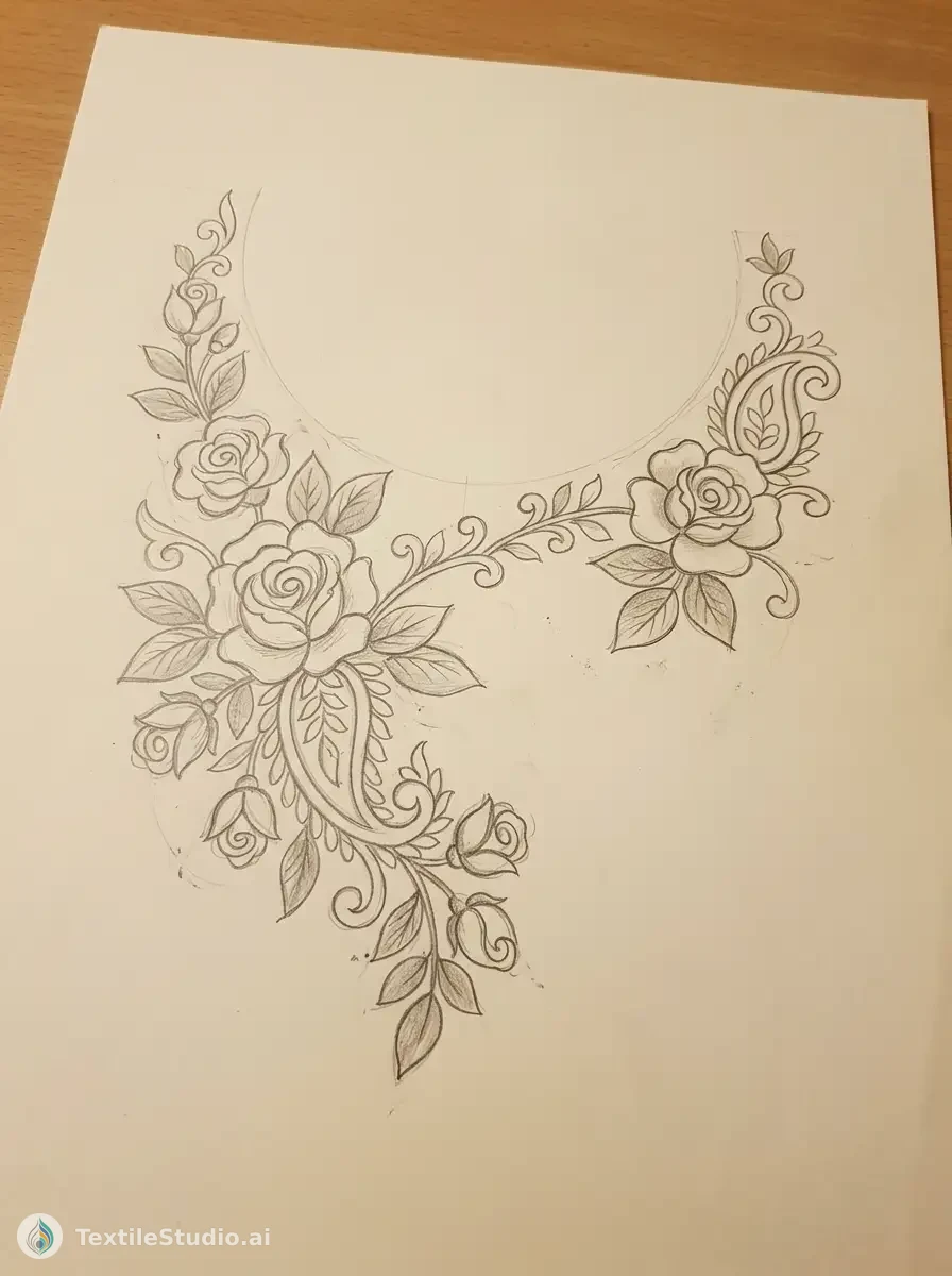 Navy Kurti with Floral Embroidery and Jari Dori — The original sketch