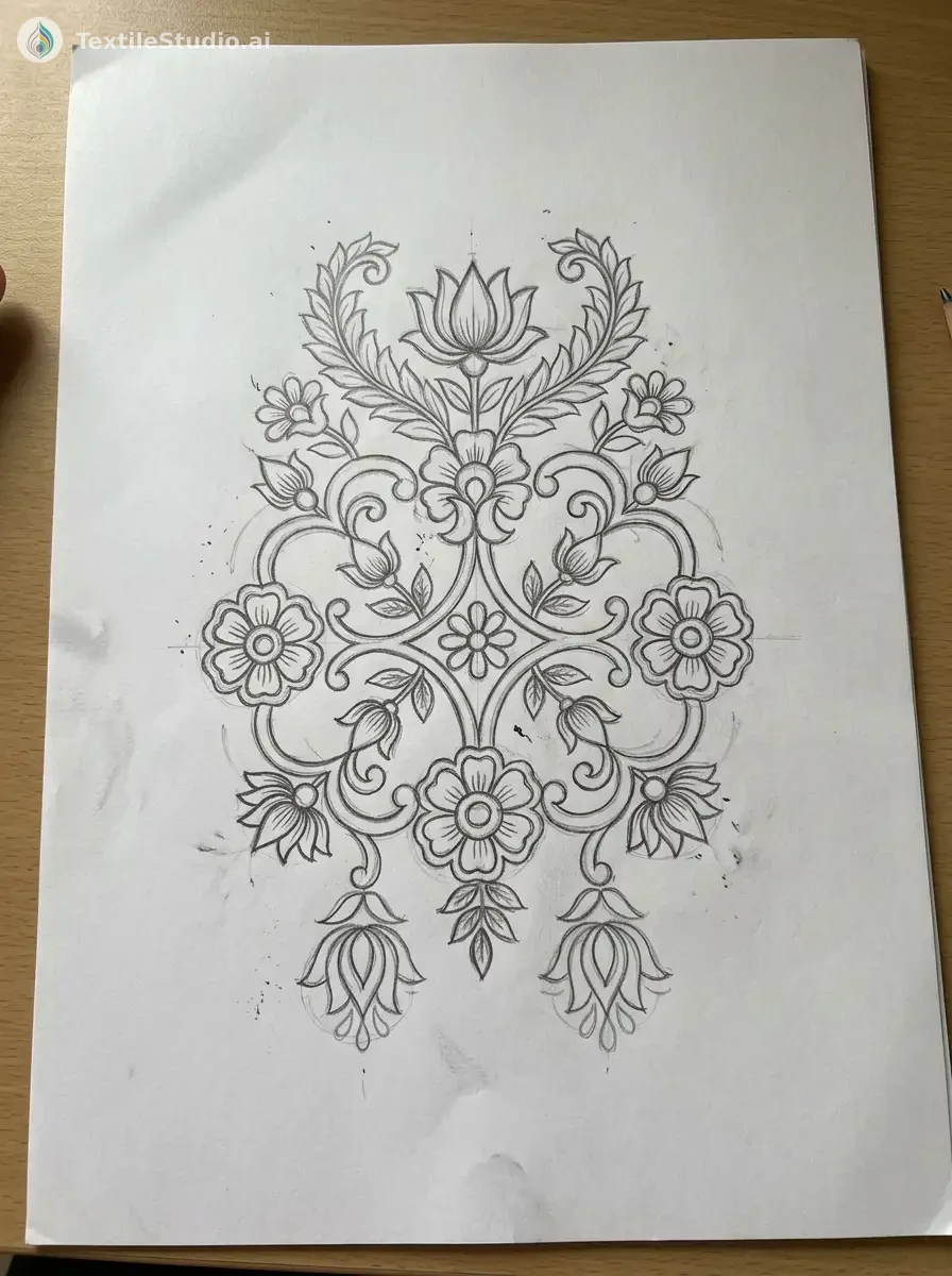 Crimson Blouse with Jari Dori and Pearl Details — The original sketch