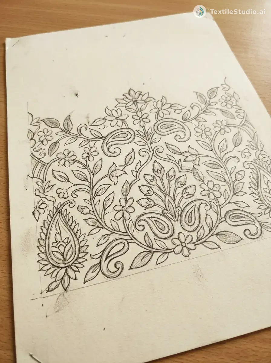 Golden Silk Lehenga with Floral Jari Dori Embroidery — The original sketch