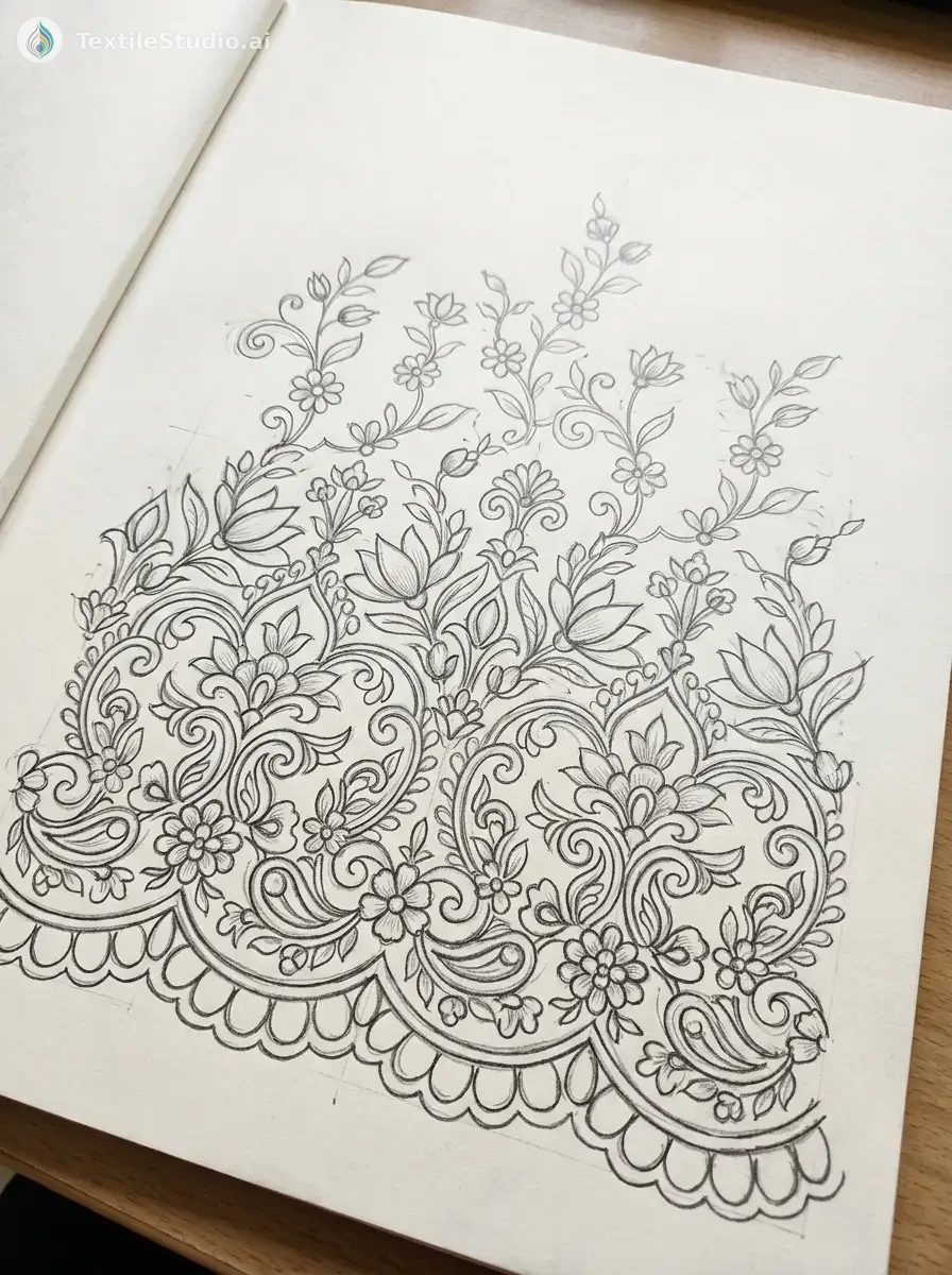 Emerald Velvet Dupatta with Jari Dori Florals — The original sketch