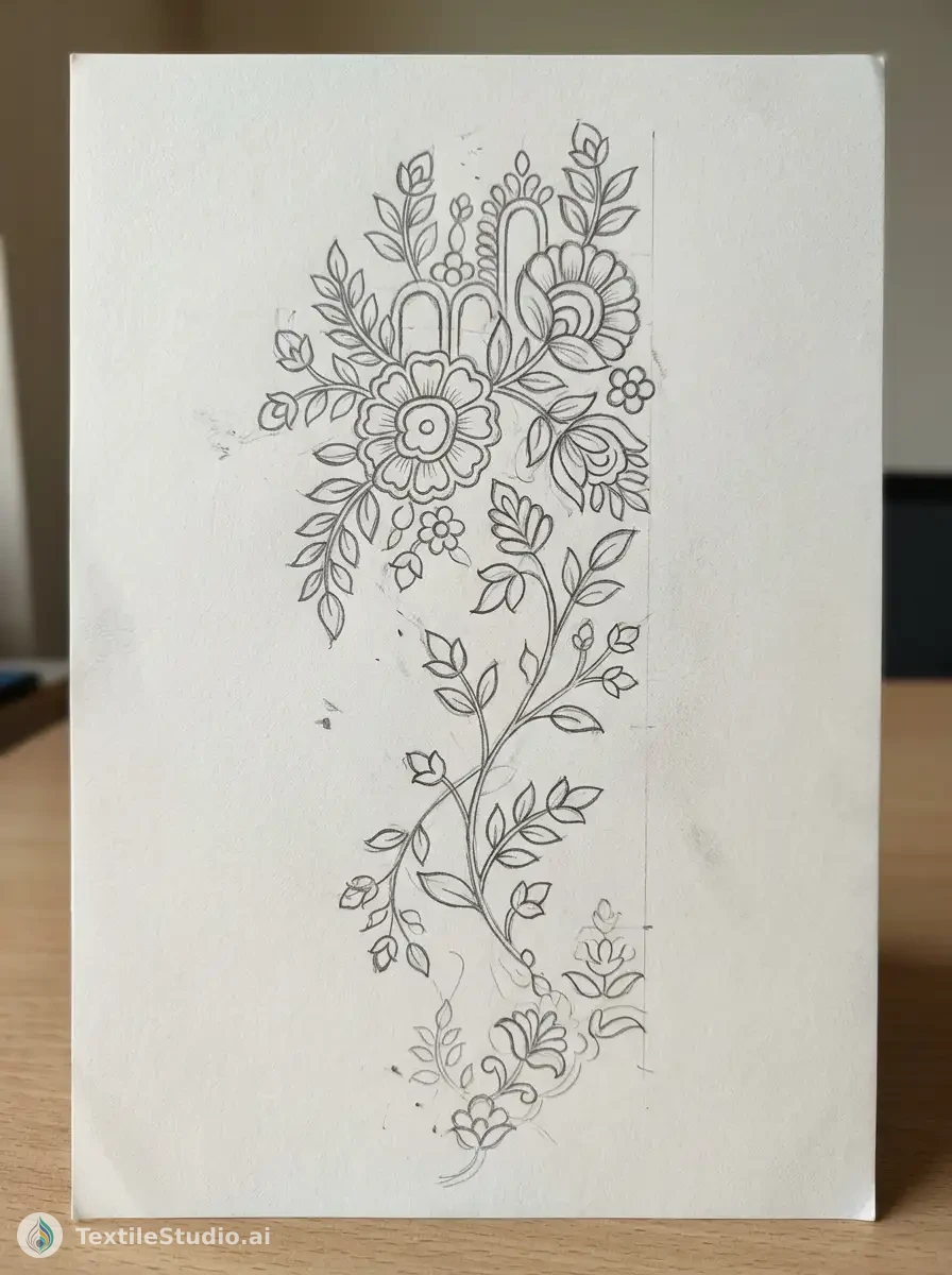 Emerald Anarkali with Jari Dori Floral Embroidery — The original sketch