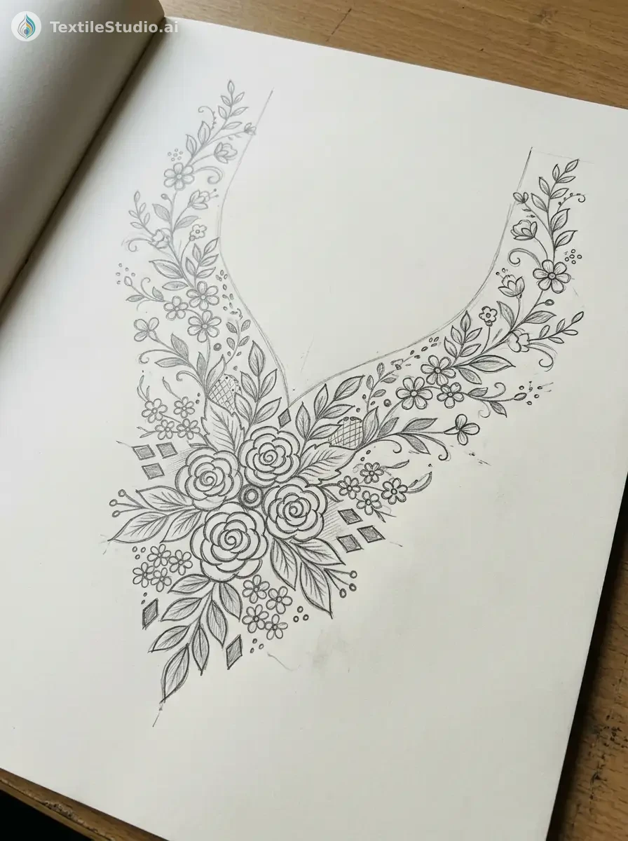 Yellow Kurti with Floral Jari Dori Embroidery — The original sketch