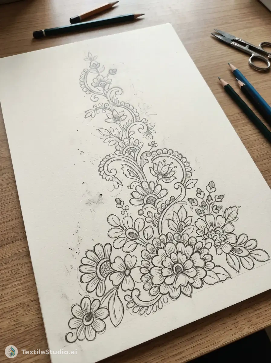 Crimson Silk Saree with Jari Dori Floral Embroidery — The original sketch