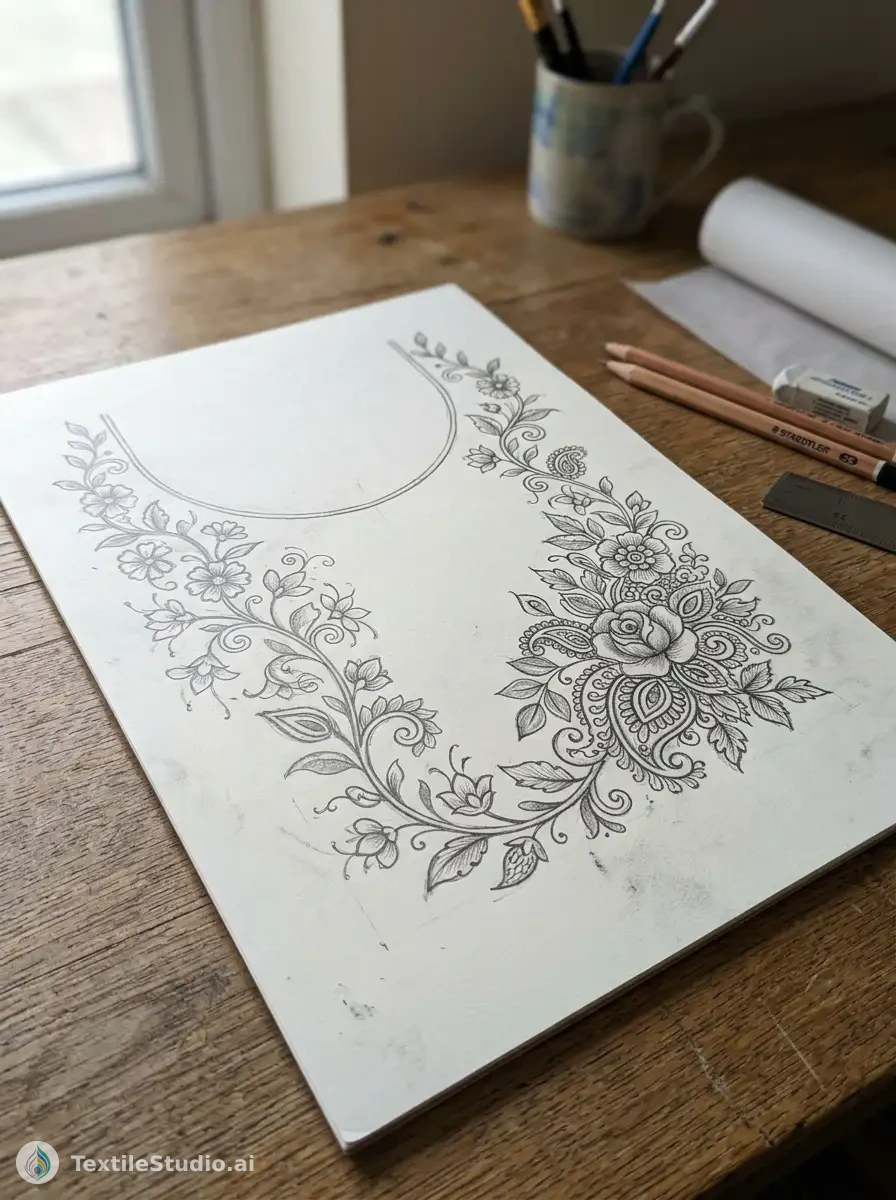 Green Blouse with Jari Dori Floral Embroidery — The original sketch