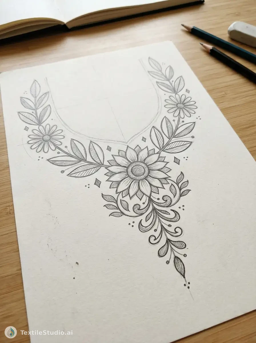 Ivory Velvet Kurti with Jari Dori Florals — The original sketch