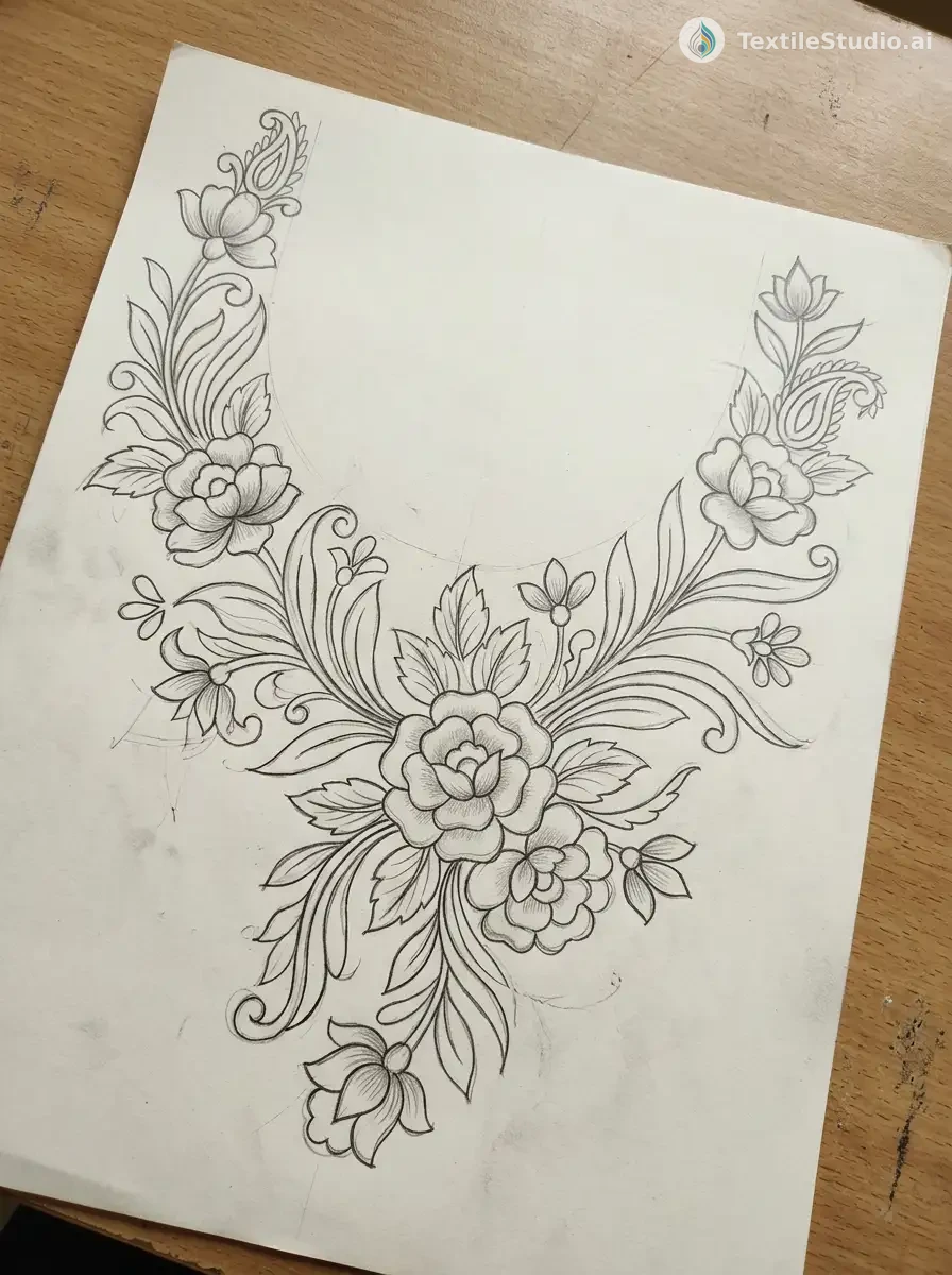 Lavender Velvet Kurta with Jari Dori Florals — The original sketch